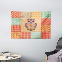 Ambesonne Owls Tapestry, Owl on Spotted Striped Patchwork Background Vintage Crafting Design Art, Wi