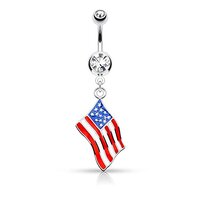 Pierced Owl 14GA Epoxy National Country Flag with Gem Dangling Belly Button Ring (United States - US