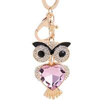 Big Stone Owl Keychain Crystal Keyring Rhinestones Purse Pendant Handbag Charm(Pink Owl)