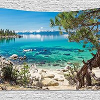 Ambesonne Nature Tapestry, Lake Tahoe Snowy Mountain Reflection on Clear Water Rocky Shore View, Wid