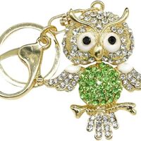 Cute Owl Shape Key Chain Green&Gold Crystals Sparkling Rhinestones Animal Key Ring For Bag Walle