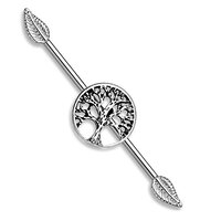 Pierced Owl 14GA 316L Surgical Steel Burnished Silver Tree of Life Industrial Barbell with Leaf Ends