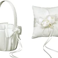 The Crafty Owl Wedding Satin Faux Pearl Flower Bow Pocket Ring Bearer Pillow and Basket-White