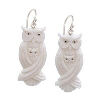NOVICA Artisan Handcrafted .925 Sterling Silver Bone Dangle Earrings Owl Family | Handmade Artisan E