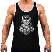 Men's Black & White Tribal Owl Tee White Trim Black Tank Top X-Large Black