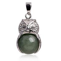 GEM-Inside 18X35MM Cleaver Owl Animal Round Green Agate Stone Pendant Leather Necklace Fashion Jewel