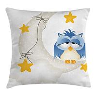 Ambesonne Moon Throw Pillow Cushion Cover, Owl Dozing on Crescent Moon with Stars Sleep Print, Decor