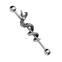 Pierced Owl 14GA 316L Stainless Steel Snake Wrapped Industrial Barbell (Antique Silver Tone)