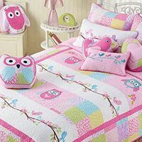 Cozy Line Home Fashions Cute Owl Pink Blue Green Embroidery 100% Cotton Reversible Girl Bedding Quil