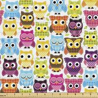 Ambesonne Owls Fabric by The Yard, Owls with Different Face Expressions Winking Looking Sleeping Col