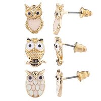 Lux Accessories Gold Tone Three Triple Pastel Owl Stud Post Earring Set (3prs)
