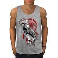 Wellcoda Dream Catcher Owl Animal Mens Tank Top, Bird Athlete Shirt Grey 2XL