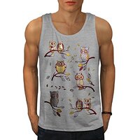 Wellcoda Crazy Owl Branch Mens Tank Top, Birdie Athlete Shirt Grey L