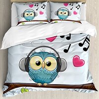 Ambesonne Music Duvet Cover Set, Cartoon Owl with Headphones Hearts Leaves Fashion Playful Fun, Deco