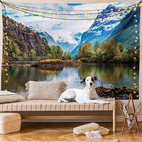 Ambesonne Nature Tapestry, Norway Mountain Range Snowy Peaks by the Lake Fishing Nordic Northern Lan