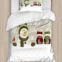 Ambesonne Christmas Duvet Cover Set, Snowman Owls in Snowy Winter Day Jingle Bells Snowflake Image, 