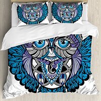 Ambesonne Tribal Duvet Cover Set, Owl Bird Animal Paisley Tattoo Design Big Blue Eyes Lashes Print, 