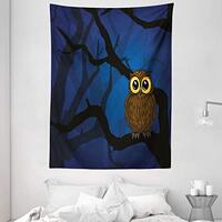 Ambesonne Night Tapestry, Owl Sitting on a Tree Branch Mysterious Woods Spooky Forest Cartoon, Wall 