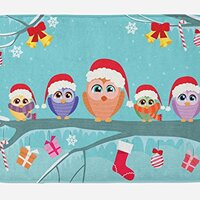 Ambesonne Christmas Bath Mat, Owl Family Sitting on Tree Branch Like Little Elves of Noel Animal Des