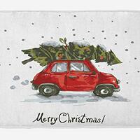 Ambesonne Christmas Bath Mat, Retro Style Car Xmas Tree Vintage Family Style Illustration Snowy Wint