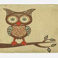 Ambesonne Owl Bath Mat, Owl Sitting on Branch Eyesight Animal Humor Pastel Retro Modern Graphic, Plu