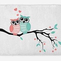 Ambesonne Teal and White Bath Mat, Owl Couple Sitting on Tree Branch Valentines Romance Love, Plush 
