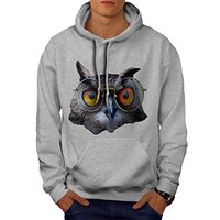 Wellcoda Owl Glasses Hippie Mens Hoodie, Bird Hooded Sweatshirt Grey S