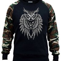 Men's Tribal Owl Skull Majestic Wings Black/Camo Raglan Baseball Sweatshirt 3X-Large Black