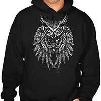 Men's Tribal Owl Skull Majestic Wings Black Pullover Hoodie Sweater Large Black
