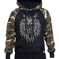 Interstate Apparel Men's Tribal Owl Skull Majestic Wings Black/Camo Raglan Baseball Hoodie X-La