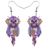 Sweet Dangle OWL Earrings Acrylic Long Bird Drop For Women Both Side Pattern By Bonsny Jewelry (Purp