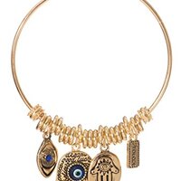 Artisan Owl Hamsa Hand Evil Eye Dangling Charm Protection Bracelet (Gold Tone)