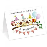 Personalized Owl Trio Birthday Card - Custom Greeting Card, Add Recipients Name, Single Large 5"