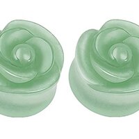 Pierced Owl Green Aventurine Stone Carved Rose Double Flared Plugs, Sold as a Pair (6mm (2GA))