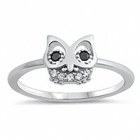 Owl Simulated Round Black Clear Cubic Zirconia Ring 925 Sterling Silver, Size-6