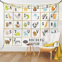 Lunarable ABC Tapestry, Colorful Cartoon Zoo Animals Alphabet Owl Cat Panda in Squares on White Back
