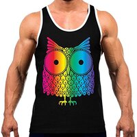 Men's Rainbow Owl Tee White Trim Black Tank Top Large Black