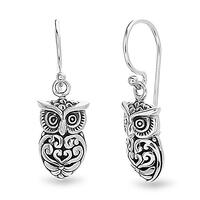 Willowbird Oxidized Sterling Silver Textured Owl Dangle French Wire Earrings for Women Heart Owl