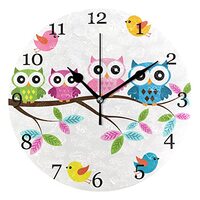 Cute Owl Wall Clock Silent Non-Ticking, Bird Tree 9.5 Inch Round Wall Clock Battery Operated Owl Clo