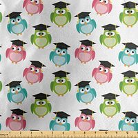 Lunarable Graduation Fabric by The Yard, Colorful Owls with Graduation Caps Mortarboards and The of 