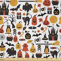 Lunarable Halloween Fabric by The Yard, Halloween Group Candies Owls Castles Ghosts October 31 Theme