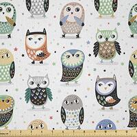 Lunarable Owl Fabric by The Yard, Cartoon Owl Illustration with Funny Expressions on Colorful Star F