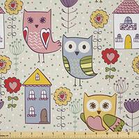 Lunarable Owl Fabric by The Yard, Cartoon Style Woodland Animals with Heart Shaped Wings on Pale Gre
