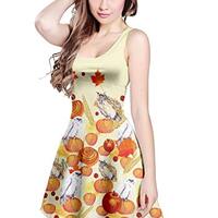 CowCow Womens Light Yellow Autumn Leaves Owls Sleeveless Skater Dress - L