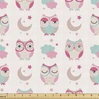 Ambesonne Owls Fabric by The Yard, Owls Stars Moon Patterns in Feminine Soft Colors Symmetric Design