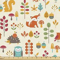 Ambesonne Cartoon Fabric by The Yard, Autumn Pattern Owl Fox Squirrel Birds Animal Leaves Print, Dec