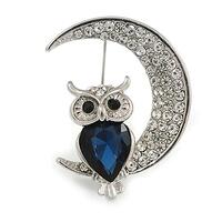 Blue/Clear Crystal Owl On The Moon Brooch In Silver Tone Metal - 35mm Tall