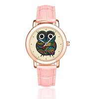 InterestPrint Color Owls with Flowers and Mandala Women's Rose Gold-plated Leather Strap Watche