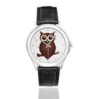 InterestPrint Funny Owl Made Of Coffee Seeds Women's Black Leather Strap Watch Waterproof Class