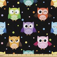 Ambesonne Owls Fabric by The Yard, Colorful Birds with Different Expressions Funny Confused Serious 